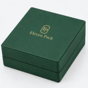 Custom Green Textured Paper Hinged Necklace Box - textured paper logo detail Custom Green Textured Paper Hinged Necklace Box - textured paper logo detail