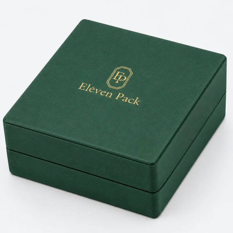 Custom Green Textured Paper Hinged Necklace Box - textured paper logo detail Custom Green Textured Paper Hinged Necklace Box - textured paper logo detail