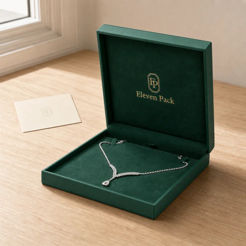 Custom Green Textured Paper Hinged Necklace Box - in-use jewelry presentation scene Custom Green Textured Paper Hinged Necklace Box - in-use jewelry presentation scene