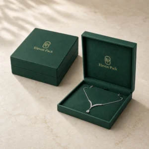 Custom Green Textured Paper Hinged Necklace Box - coordinated packaging system scene Custom Green Textured Paper Hinged Necklace Box - coordinated packaging system scene