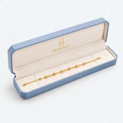 Custom Light Blue Genuine Leather Hinged Bracelet Box - open product presentation with jewelry