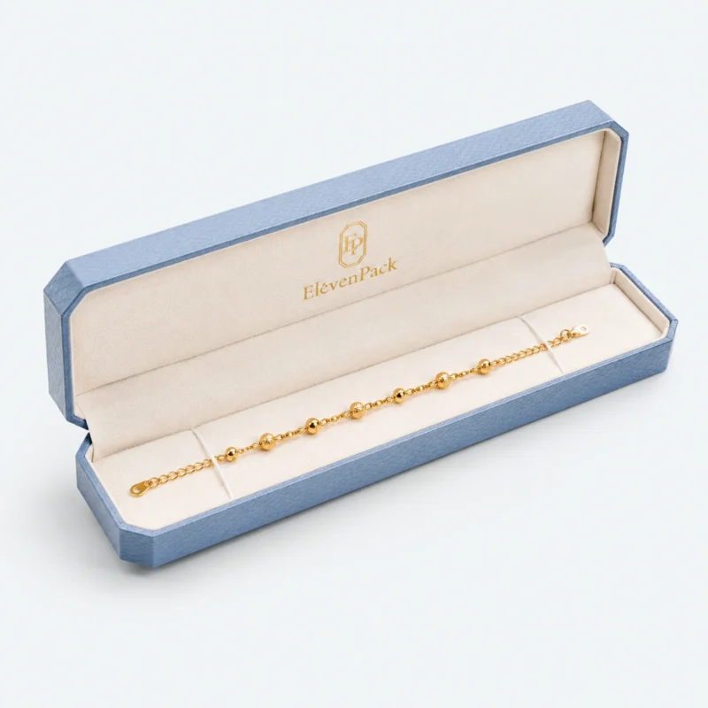 Custom Light Blue Genuine Leather Hinged Bracelet Box - open product presentation with jewelry
