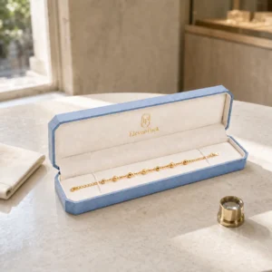 Custom Light Blue Genuine Leather Hinged Bracelet Box - in-use jewelry presentation scene