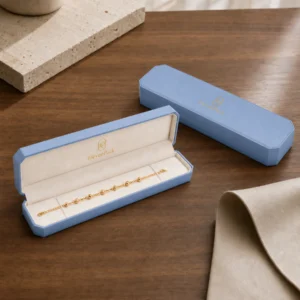 Custom Light Blue Genuine Leather Hinged Bracelet Box - coordinated packaging system scene