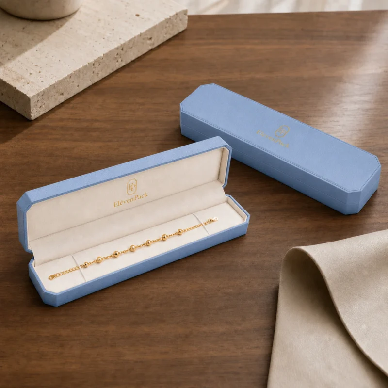 Custom Light Blue Genuine Leather Hinged Bracelet Box - coordinated packaging system scene