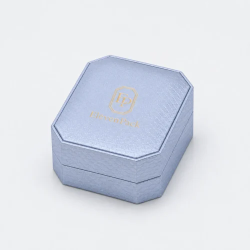 Custom Blue Hinged Genuine Leather Ring Box - closed product view