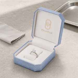 Custom Blue Hinged Genuine Leather Ring Box - in-use jewelry presentation scene