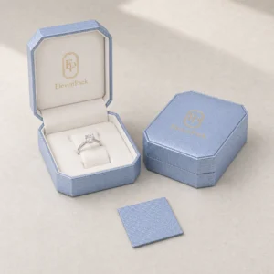 Custom Blue Hinged Genuine Leather Ring Box - coordinated packaging system scene