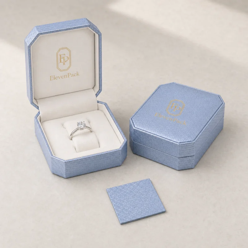 Custom Blue Hinged Genuine Leather Ring Box - coordinated packaging system scene