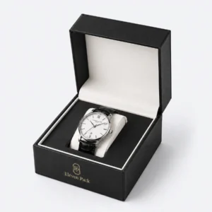 Custom Luxury Black Genuine Leather Watch Box - open product presentation with jewelry