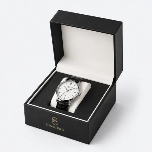 Custom Luxury Black Genuine Leather Watch Box - open product presentation with jewelry