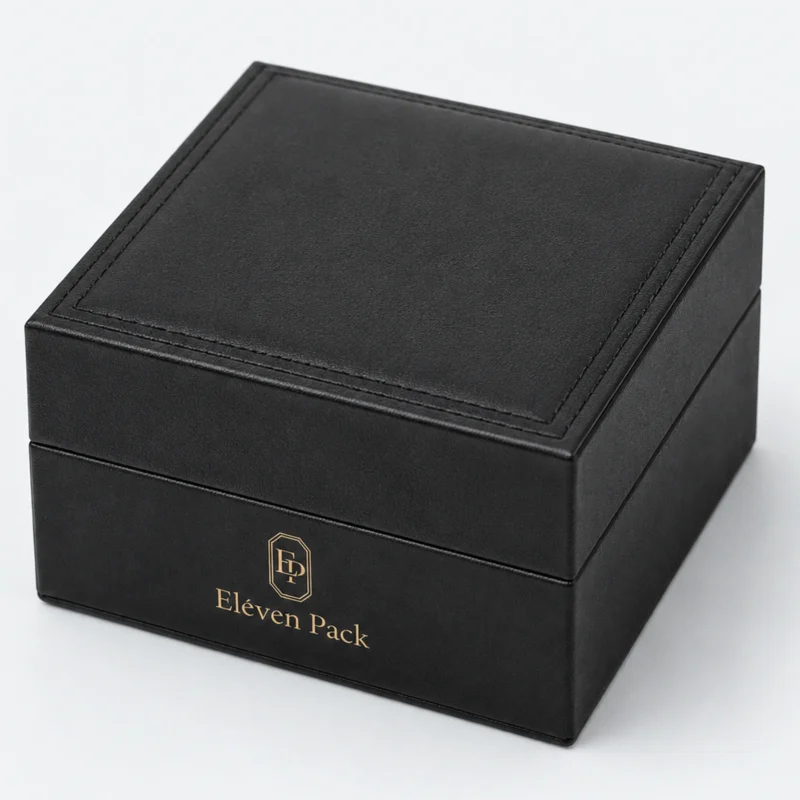 Custom Luxury Black Genuine Leather Watch Box - leather hinge logo detail