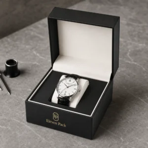 Custom Luxury Black Genuine Leather Watch Box - in-use jewelry presentation scene