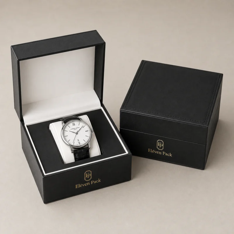 Custom Luxury Black Genuine Leather Watch Box - coordinated packaging system scene