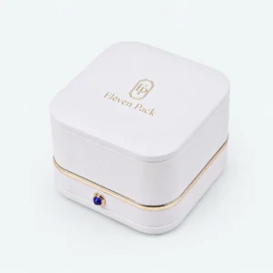 Custom Luxury White PU Leather Hinged Ring Box - closed product view