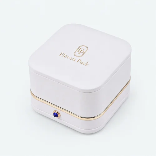 Custom Luxury White PU Leather Hinged Ring Box - closed product view