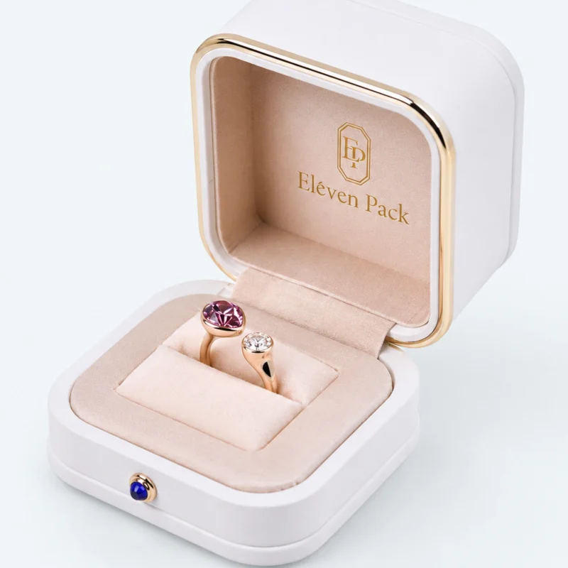 Custom Luxury White PU Leather Hinged Ring Box - ring roll detail