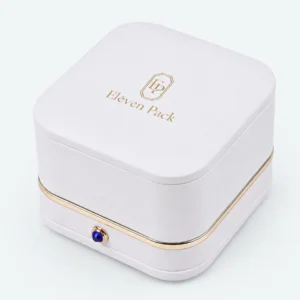 Custom Luxury White PU Leather Hinged Ring Box - gold clasp logo detail