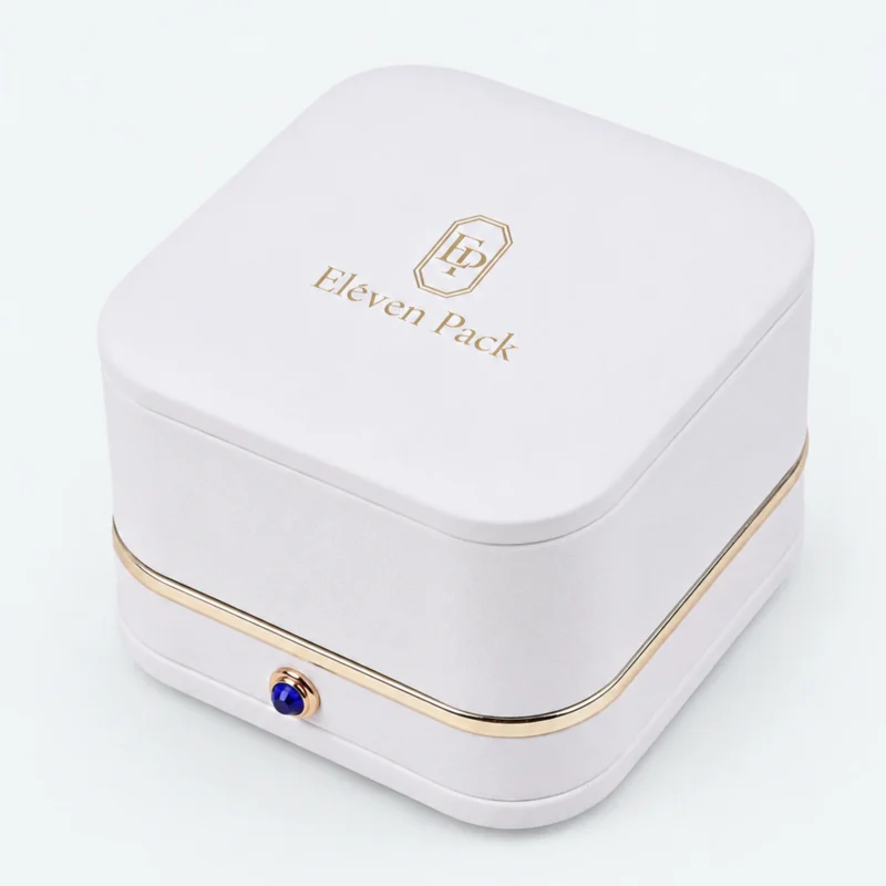 Custom Luxury White PU Leather Hinged Ring Box - gold clasp logo detail