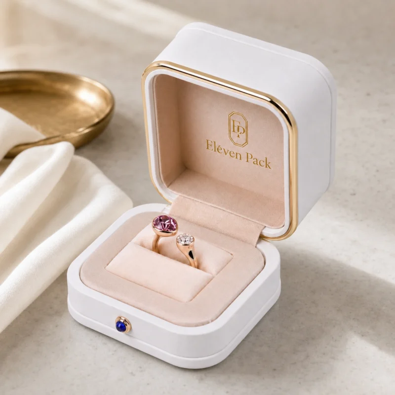 Custom Luxury White PU Leather Hinged Ring Box - in-use jewelry presentation scene
