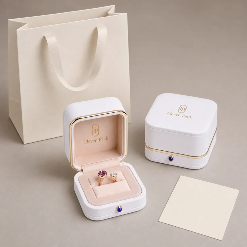 Custom Luxury White PU Leather Hinged Ring Box - coordinated packaging system scene