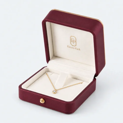 Custom Luxury Red PU Leather Hinged Necklace Box - open product presentation with jewelry Custom Luxury Red PU Leather Hinged Necklace Box - open product presentation with jewelry