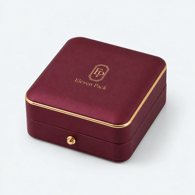 Custom Luxury Red PU Leather Hinged Necklace Box - closed product view Custom Luxury Red PU Leather Hinged Necklace Box - closed product view