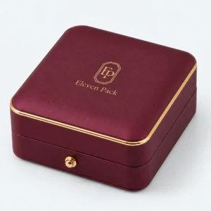 Custom Luxury Red PU Leather Hinged Necklace Box - gold clasp logo detail Custom Luxury Red PU Leather Hinged Necklace Box - gold clasp logo detail