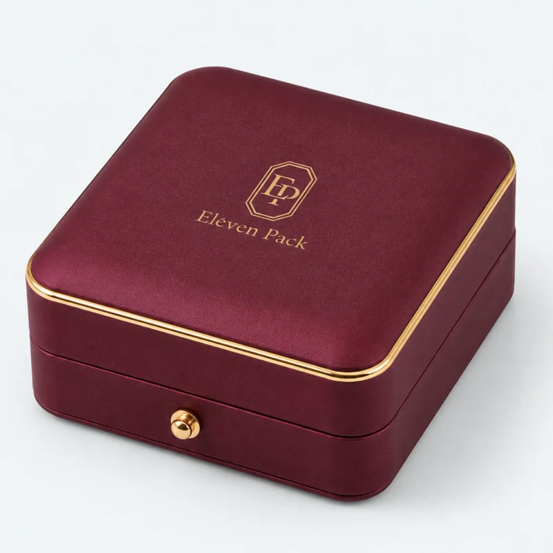 Custom Luxury Red PU Leather Hinged Necklace Box - gold clasp logo detail Custom Luxury Red PU Leather Hinged Necklace Box - gold clasp logo detail
