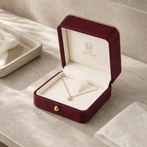 Custom Luxury Red PU Leather Hinged Necklace Box - in-use jewelry presentation scene Custom Luxury Red PU Leather Hinged Necklace Box - in-use jewelry presentation scene