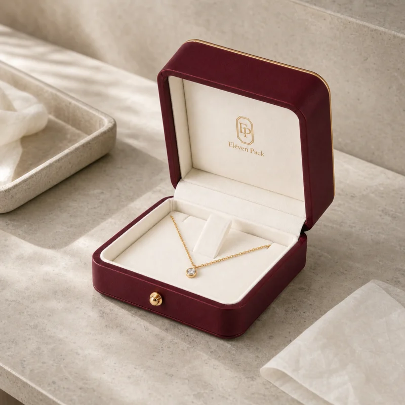 Custom Luxury Red PU Leather Hinged Necklace Box - in-use jewelry presentation scene Custom Luxury Red PU Leather Hinged Necklace Box - in-use jewelry presentation scene