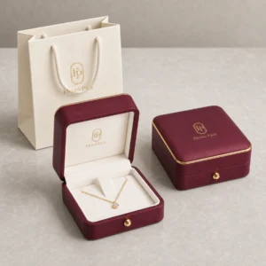 Custom Luxury Red PU Leather Hinged Necklace Box - coordinated packaging system scene Custom Luxury Red PU Leather Hinged Necklace Box - coordinated packaging system scene