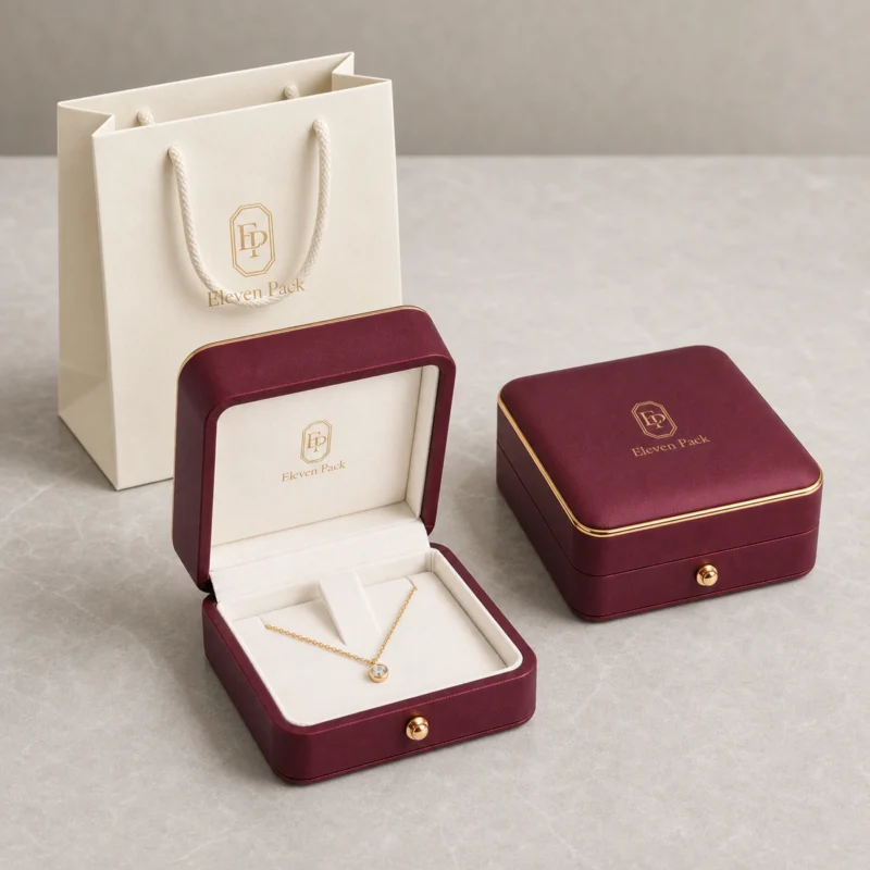 Custom Luxury Red PU Leather Hinged Necklace Box - coordinated packaging system scene Custom Luxury Red PU Leather Hinged Necklace Box - coordinated packaging system scene