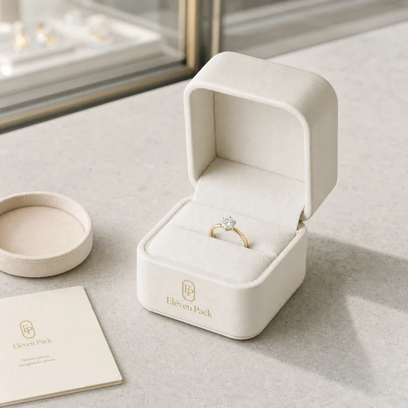Custom Luxury White PU Leather Hinged Jewelry Box - in-use jewelry presentation scene