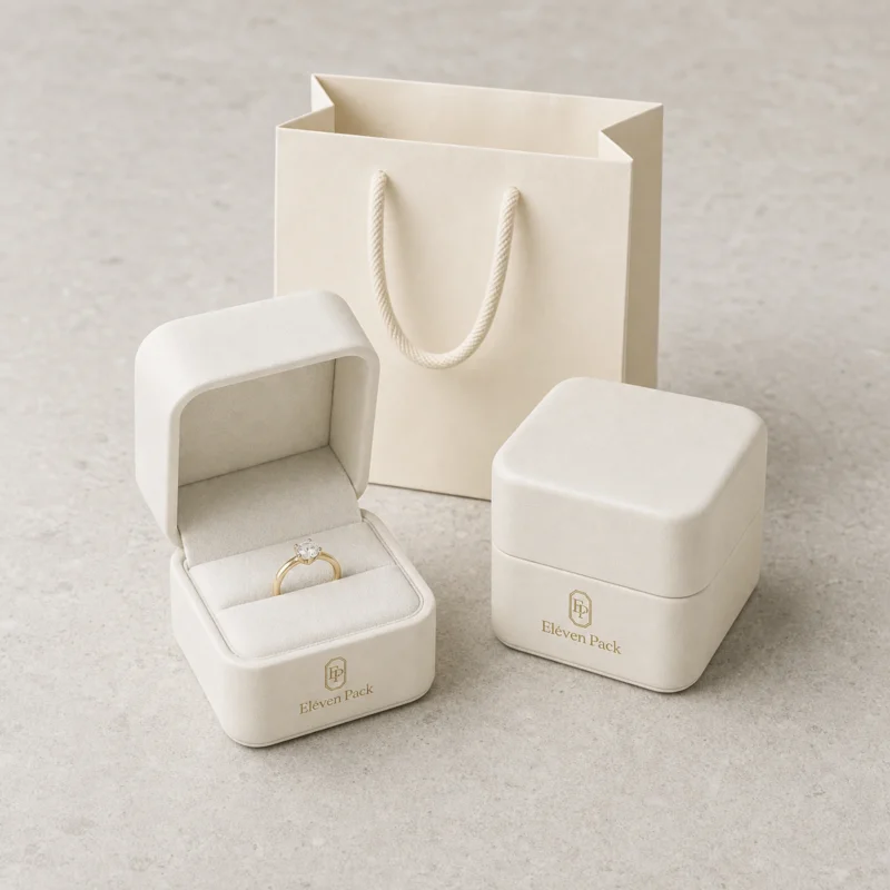 Custom Luxury White PU Leather Hinged Jewelry Box - coordinated packaging system scene