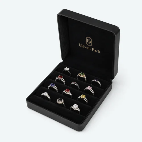 Custom Black PU Leather Flip Top Ring Organizer Box - open product presentation with jewelry