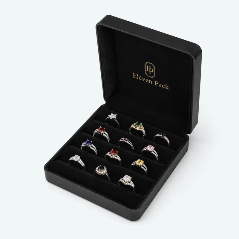 Custom Black PU Leather Flip Top Ring Organizer Box - open product presentation with jewelry