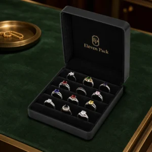 Custom Black PU Leather Flip Top Ring Organizer Box - in-use jewelry presentation scene