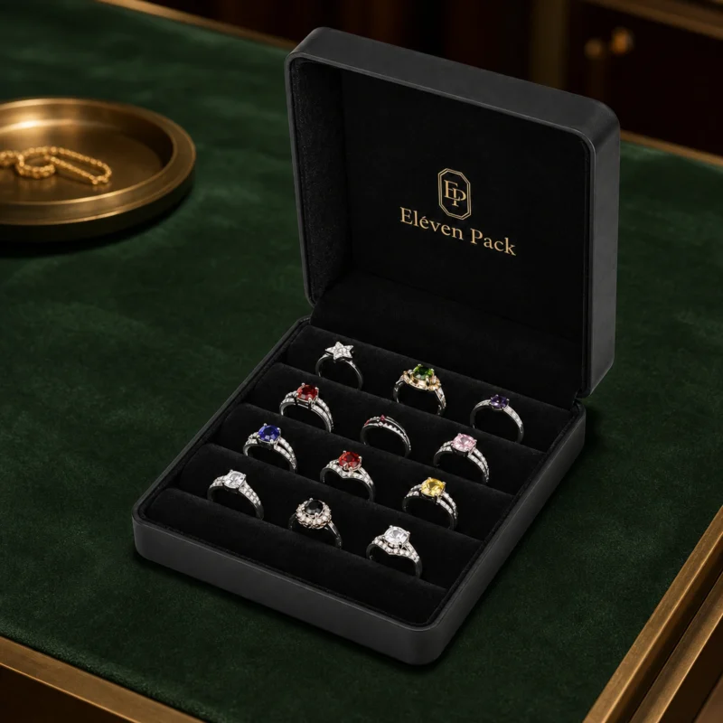 Custom Black PU Leather Flip Top Ring Organizer Box - in-use jewelry presentation scene