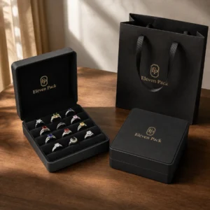 Custom Black PU Leather Flip Top Ring Organizer Box - coordinated packaging system scene