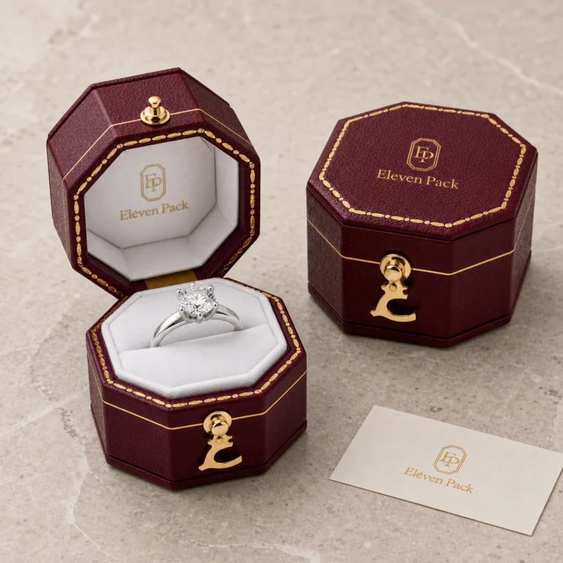 Custom Multicolor PU Leather Mini Ring Box - coordinated packaging system scene Custom Multicolor PU Leather Mini Ring Box - coordinated packaging system scene