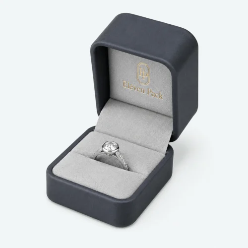 Custom Luxury Black PU Leather Hinged Ring Box - open product presentation with jewelry