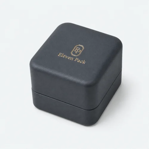 Custom Luxury Black PU Leather Hinged Ring Box - closed product view