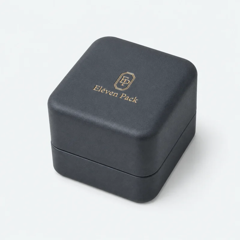 Custom Luxury Black PU Leather Hinged Ring Box - closed product view