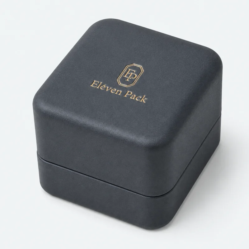 Custom Luxury Black PU Leather Hinged Ring Box - pu leather logo detail