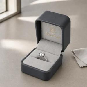 Custom Luxury Black PU Leather Hinged Ring Box - in-use jewelry presentation scene