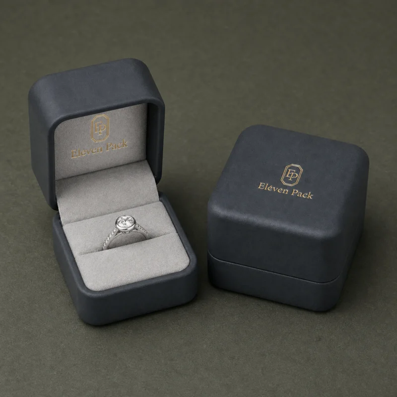 Custom Luxury Black PU Leather Hinged Ring Box - coordinated packaging system scene