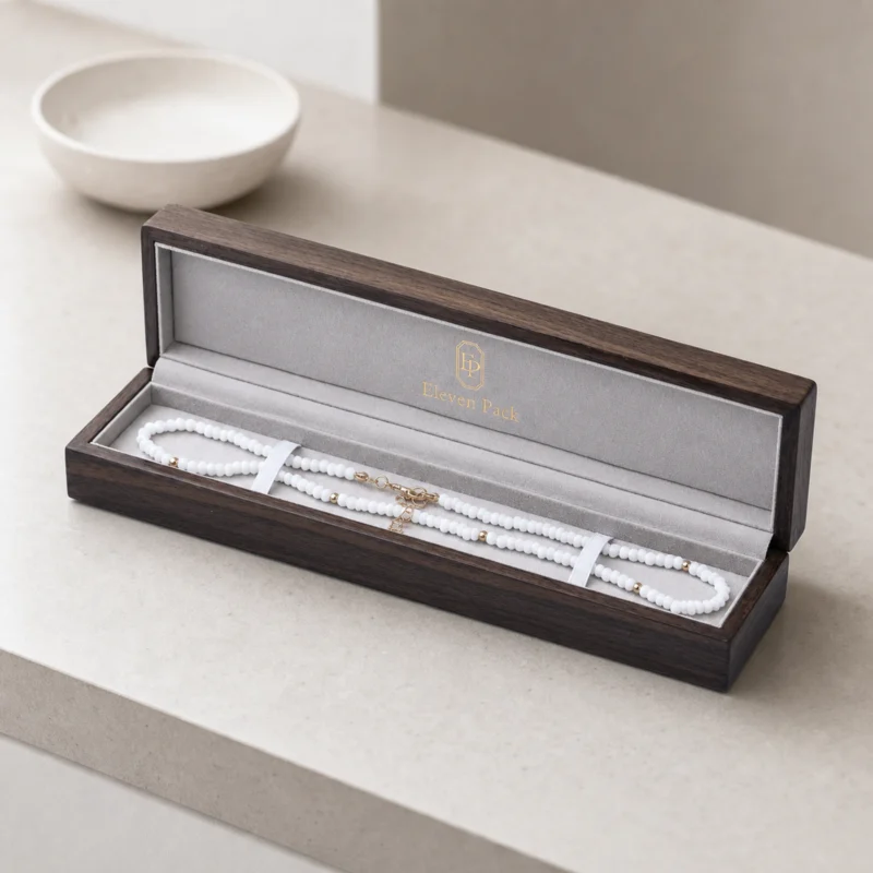 Custom Luxury Wooden Hinged Bracelet Box - in-use jewelry presentation scene