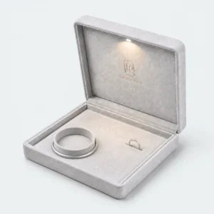 Custom Luxury Gray Suede Hinged Jewelry Box with LED Light - open product presentation with jewelry