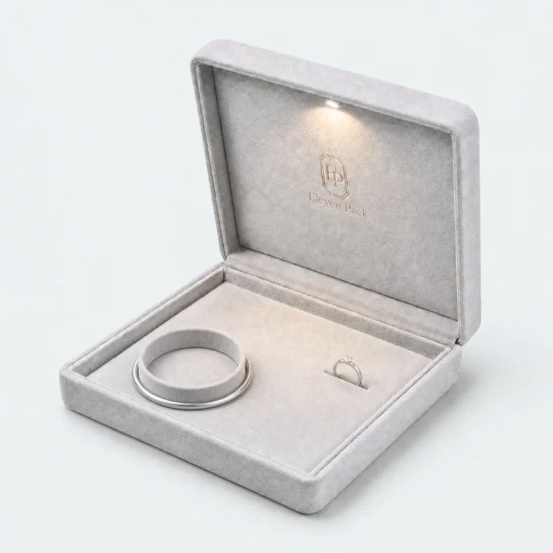 Custom Luxury Gray Suede Hinged Jewelry Box with LED Light - open product presentation with jewelry